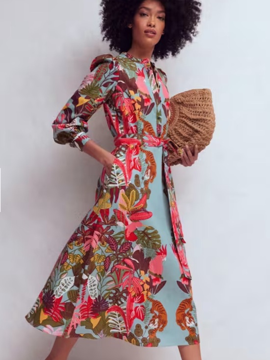 Boden Dresses & Skirts - Boden Tropical Print Long-Sleeve Midi Dress in Aqua, Pink and Green